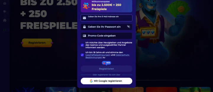 Registrierungsformular bei Morospin mit Kontowährung EUR